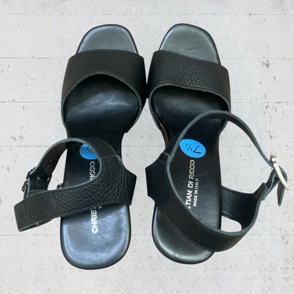Christian Di Riccio Black Leather Platform Wedge Sandals Size 7.5 EU 38 Italy - Picture 6 of 8